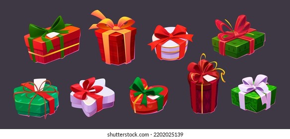 Set of gift boxes, colorful presents in wrapping paper with bows. Christmas, birthday, Valentine, New Year celebration packages. Green, red and white bonus, award prizes, isolated Cartoon vector set