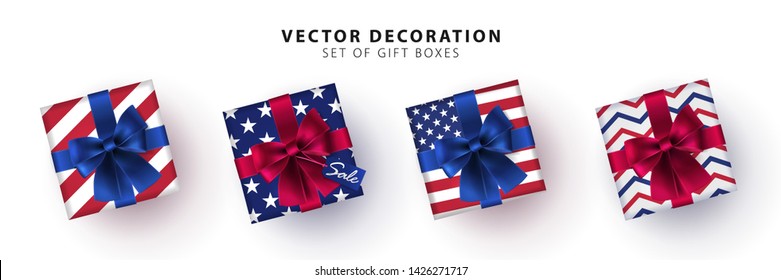 Set of gift boxes in the colors of the American flag isolated on white background. Collection of realistic gift presents view top. American holiday decoration elements. 