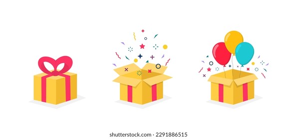 Set of gift boxes. Gift boxes with confetti. Vector illustration for surprise, festive event, gifts, birthday, Christmas. Emotional gift. Surprise in box. Open and closed yellow box with red ribbon.
