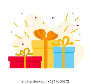 Set of gift boxes congratulatory banner. Illustration in flat style.