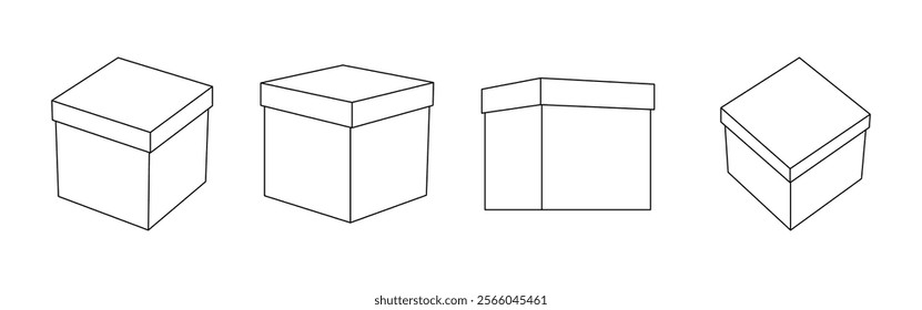 Set of gift boxes, contour drawing. Linear perspective, different angles. Editable stroke. Stroke weight can be changed. Linear icon, vector illustration.