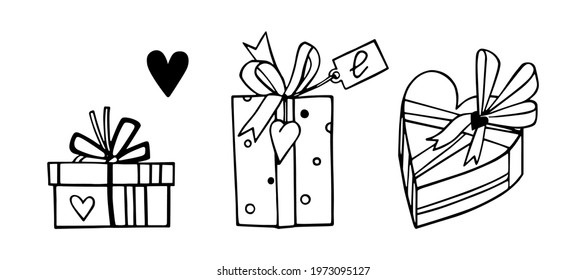 A set of gift boxes. Cute gift box with bow, heart-shaped pendant and label, box decorated with heart-shaped sticker, heart-shaped box. Vector illustrations in the doodle style. For Valentine's Day.