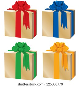Set of gift boxes decorated with bows of different colors