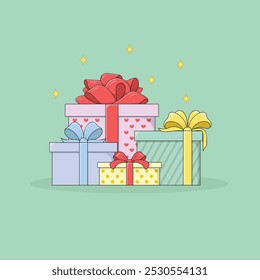 A set of gift boxes decorated with colorful wrappers with patterns, ribbons and bows. A gift for Christmas, Birthday, New Year, Valentine's Day. Cartoon style vector illustration.
