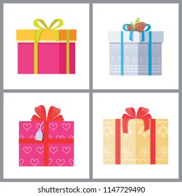 Set of gift boxes in decorative wrapping with color ribbons and bows flowers isolated on white background. Present packages surprises vector