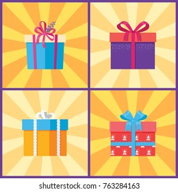 Set of gift boxes in decorative wrapping with color ribbons and bows isolated on background with rays. Present packages surprises vector illustrations
