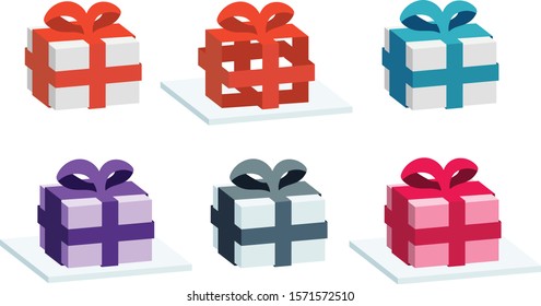 Set of gift boxes with different color ribbons and bow, isolated vector graphics