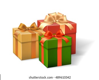 Set of gift boxes different colors, decorated with ribbons and bows. Vector realistic elements for decorate Christmas or Celebration card.