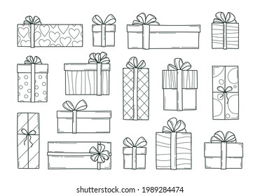 Set of gift boxes of different sizes in hand drawn doodle style. Collection presents for new year, christmas, birthday, valentine's day. Vector illustration on white background. 