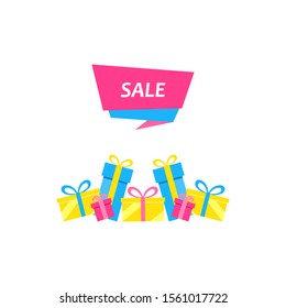 Set of gift boxes with discount tag on a white background. Elements for the sale. Vector illustration in a flat style.