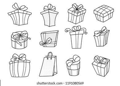 Set of gift boxes in doodle style. Holiday decoration for coloring, easy to change colors. Gift package for holiday events.