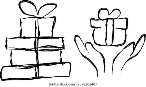 set of gift boxes in Doodle style. hand drawn heart shaped box and gift bag. Hand drawn presenting collection. Graphic design element for advertising, flyer, poster, web shop sale