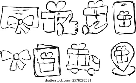 set of gift boxes in Doodle style. hand drawn heart shaped box and gift bag. Hand drawn presenting collection. Graphic design element for advertising, flyer, poster, web shop sale