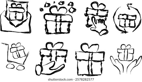 set of gift boxes in Doodle style. hand drawn heart shaped box and gift bag. Hand drawn presenting collection. Graphic design element for advertising, flyer, poster, web shop sale