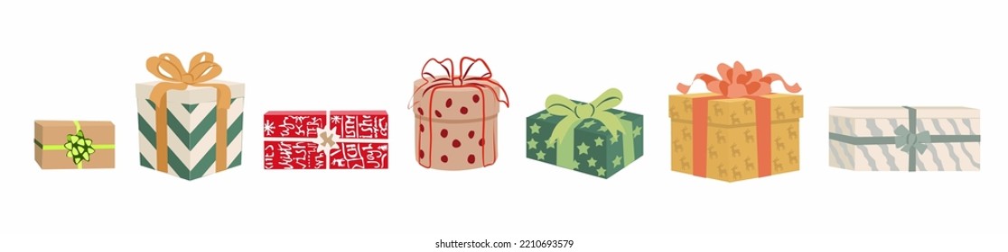 Conjunto de cajas de regalo en papel de envolver festivo con cinta y arcos. Colección de diferentes regalos para las vacaciones de Navidad. Muchas cajas de regalos. Ilustración plana vectorial aislada en blanco.