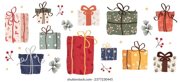 A set of gift boxes in festive wrapping paper with ribbon and bows. Stack of various gifts for Christmas holidays. Many different gift boxes with tags. Flat vector illustration isolated on white	