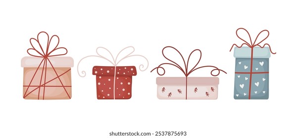 Set of gift boxes in a flat design. Cartoon colorful present boxes. 