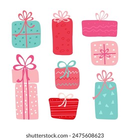 Set of gift boxes in flat style isolated on white background. Gifts for Birthday, New Year or Christmas.Vector.