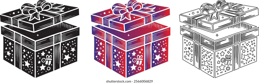 set of gift boxes in flat style. Gift boxes with ribbon. Gift box flat silhouette set, isolated on white background
