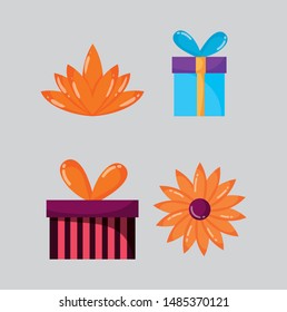 set of gift boxes and flowers