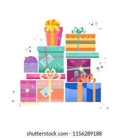 Set of gift boxes, gifts, with a New Year's bright decor. Templates for postcards. Decoration of New Year's pictures. Flat and vector. Design of holiday banners, print and website