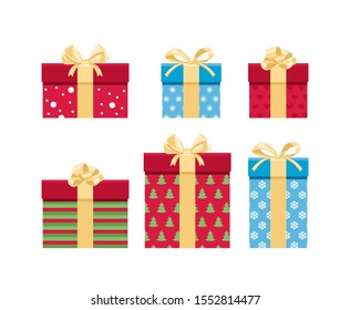 Set of gift boxes with gold bows of different shapes and patterns. Vector illustration of New Year or Christmas presents in cartoon simple flat style.