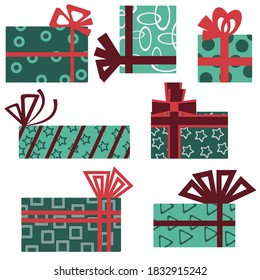 Set of gift boxes in green and red shades with bows in wrapping paper with patterns, christmas gifts vector illustration for design and creativity