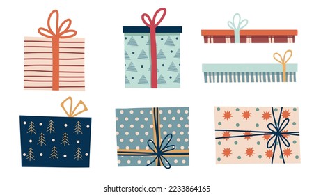 Set of gift boxes. Hand drawn Christmas or birthday presents clipart set. Illustration for srickers, logo, cards, posters, wrapping, scrapbooking, patterns, icon, web, logo, print, emblem, label