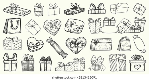 Set of gift boxes. Hand drawn vector doodle. Wrapped holiday surprise. Packaging. Celebration. Festive bag. Decorated with a bow. Line art graphic illustration.