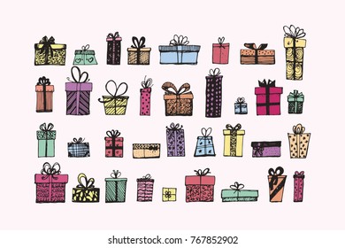 Set of gift boxes. Hand drawn sketch converted to vector.
