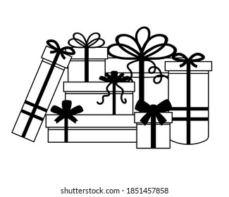 A set of gift boxes heap. Outline vector