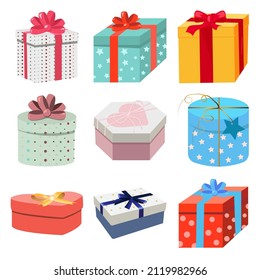 Set of gift boxes for the holidays. Colored gift boxes with ribbon