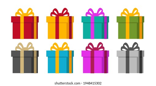 Set of Gift boxes icons in perspective in solid color wrapping paper with ribbon bow, isolated