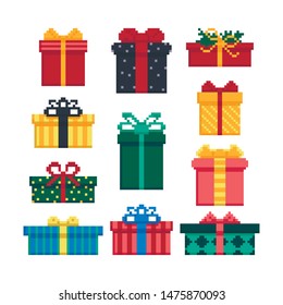 Set of gift boxes isolated on a white background. 8 bit. Graphics for games. Vector illustration in pixel art style.