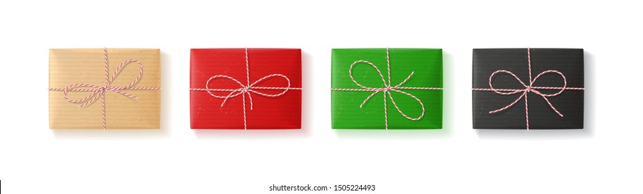 Set of gift boxes isolated on white background. Holiday realistic paper red, green and black boxes with bows for Christmas, New Year, Birthday decoration. Vector illustration.