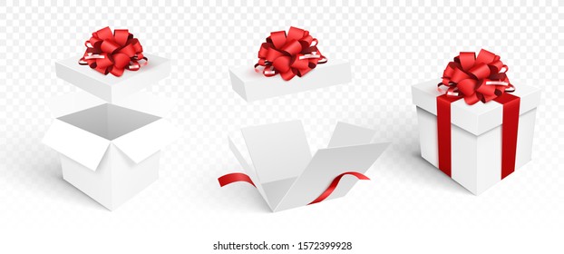 Set of gift boxes isolated on white background. Vector template of Christmas decoration elements. Open and closed gift boxes with bow