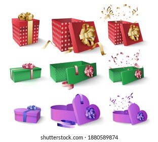 Set of gift boxes isolated on white background. Red, green and purple boxes with colored bows and candy. Merry Christmas and Happy New Year 2021. Vector illustration