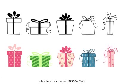 
Set of gift boxes isolated on a white background. Colored and black and white collection. Vector illustration in flat style