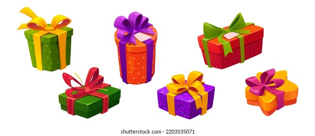 Set of gift boxes isolated on white background. Collection of colorful packages for presents of different shape and size decorated with ribbon bows. Holiday surprise vector illustration. Sale symbol