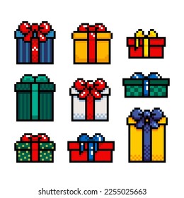 Set of gift boxes isolated on a white background. Vector illustration in pixel art style. 8 bit Graphics for games