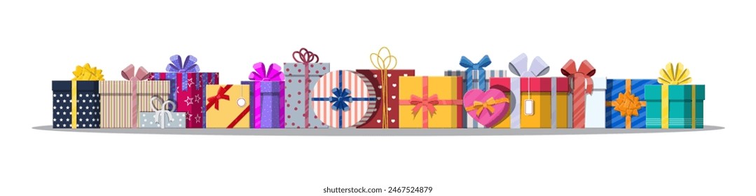 Set of gift boxes isolated on white. Colorful wrapped. Sale, shopping. Present boxes different sizes with bows and ribbons. Collection for birthday and holiday. Vector illustration in flat style