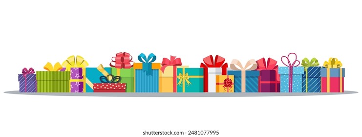 Set of gift boxes isolated on white. Colorful wrapped. Sale, shopping. Present boxes different sizes with bows and ribbons. Collection for birthday and holiday. Vector illustration in flat style