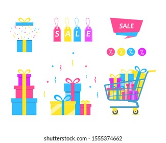 Set of gift boxes, a large pile of gift boxes in a trolley, a box with confetti and surprise, sale tags on a white background. Sale concept design elements. Vector illustration in a flat style.