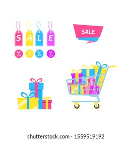 Set of gift boxes and a large pile of gift boxes in trolley and sale tags on a white background. Sale concept design elements. Vector illustration in a flat style.