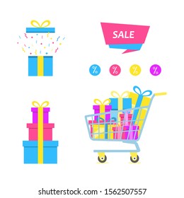 Set of gift boxes, a large pile of gift boxes in a trolley, a box with confetti and surprise, sale tags on a white background. Sale concept design elements. Vector illustration in a flat style.