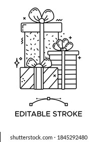 Set of gift boxes linear icon. Thick line pictogram. Isolated outline vector illustration. Duotone contour symbol. Editable stroke. Pixel perfect