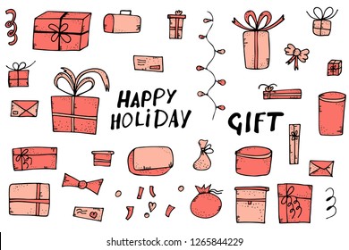 Set of gift boxes on white background. Collection of holiday presents in doodle style. Vector illustration.