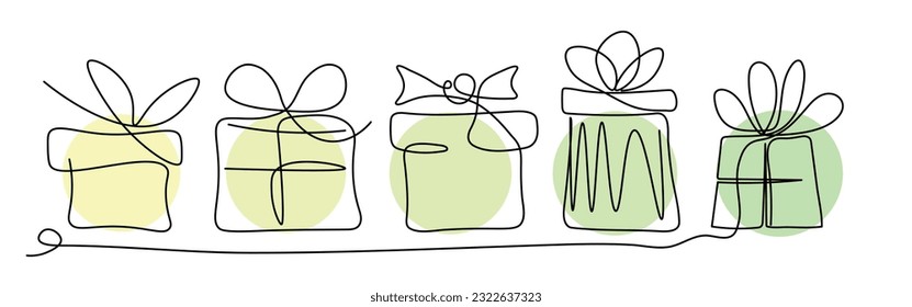conjunto de cajas de regalo en una línea, doodle, ilustración de línea