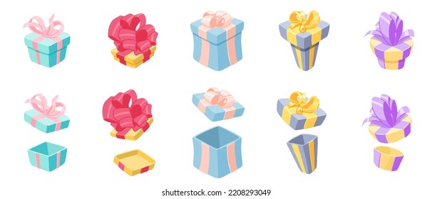 Set of gift boxes - open and closed in cartoon style for printing and decoration.Vector illustration.