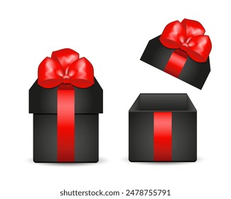 Set of gift boxes. Open and closed black box with red bow. Vector illustration isolated on white background